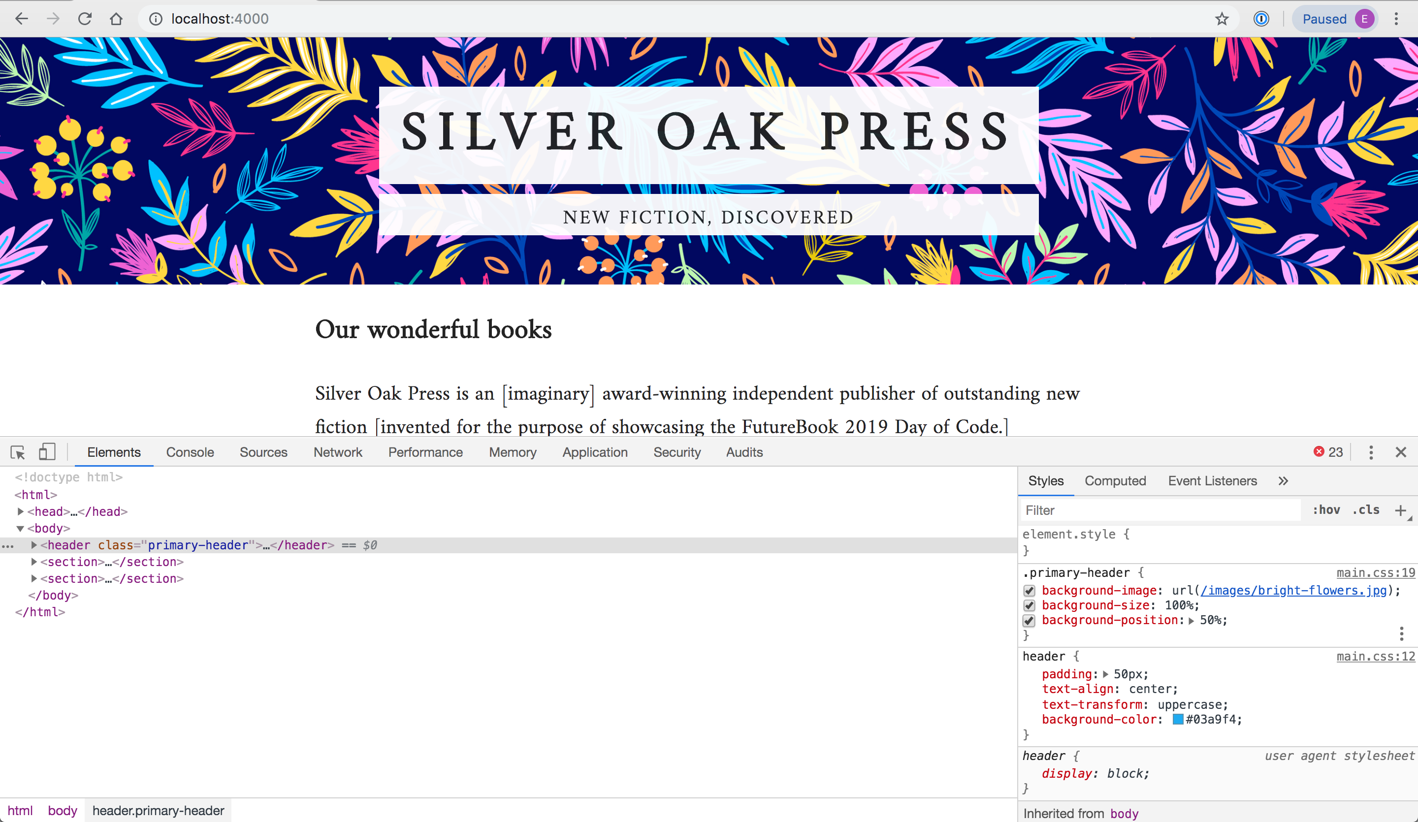 Screenshot of the index page with a nice bright banner image