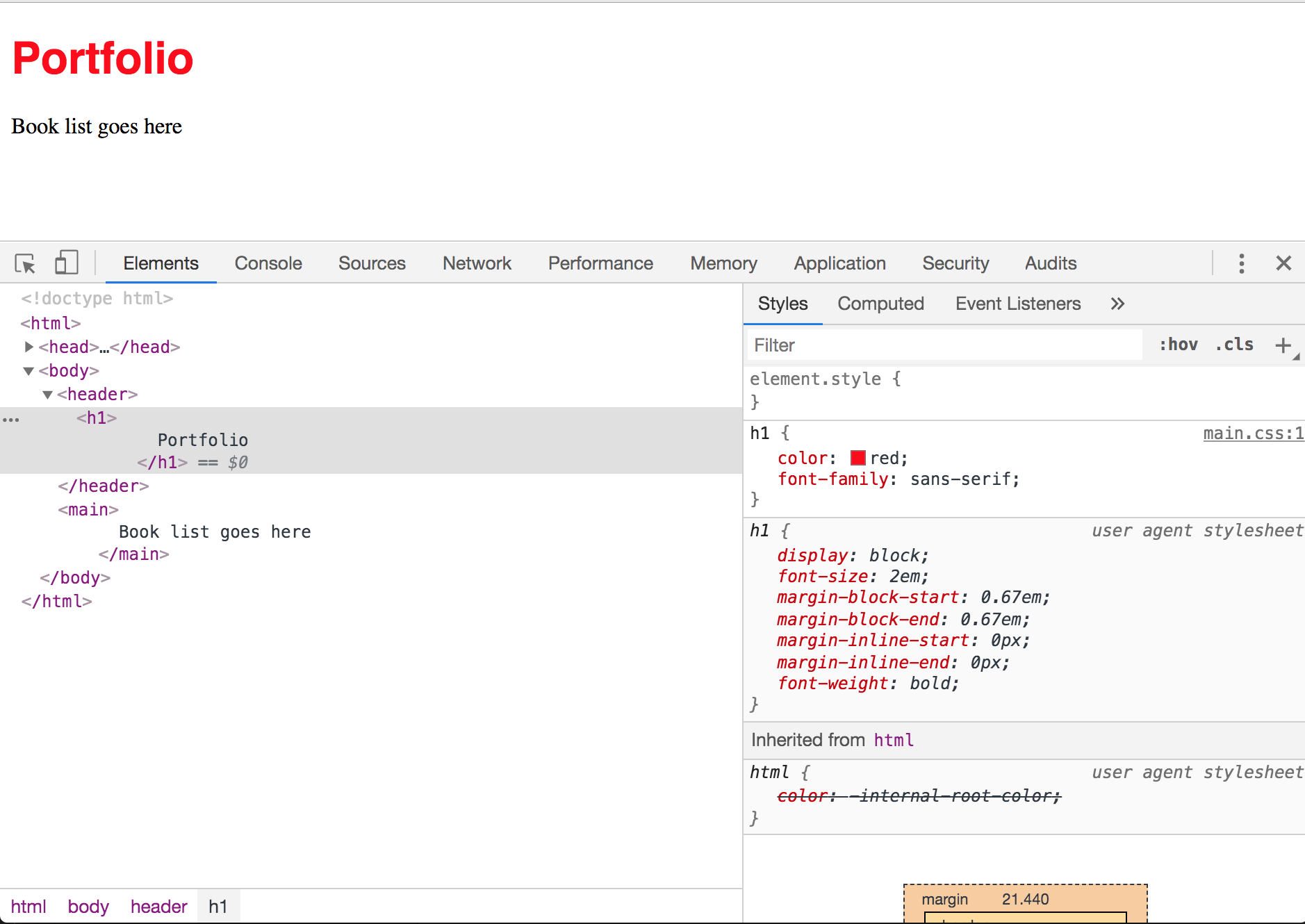 The css now works as the screenshot shows the h1 rendered in red