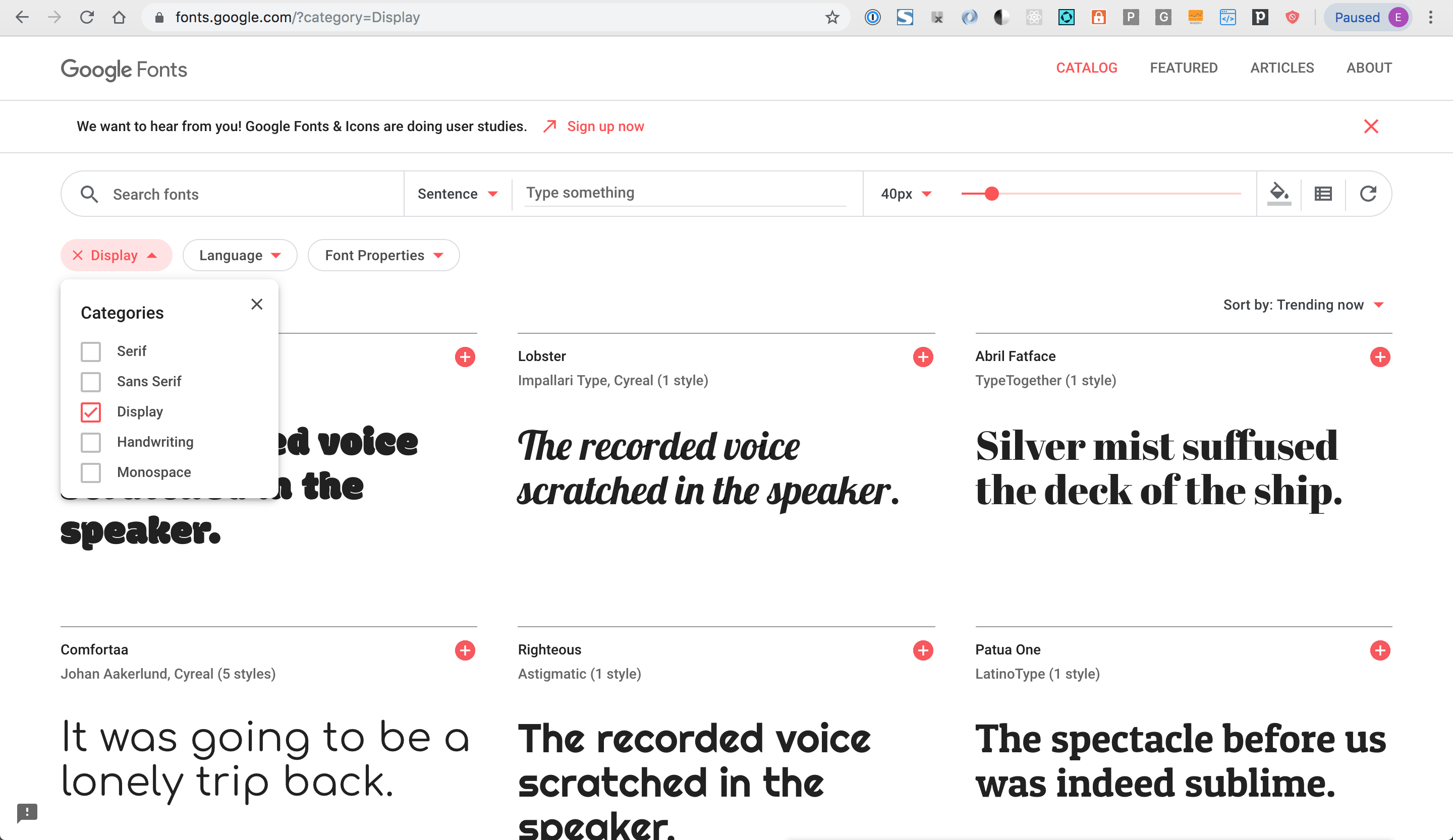 A screenshot of the Google Fonts website showing a range of interesting fonts