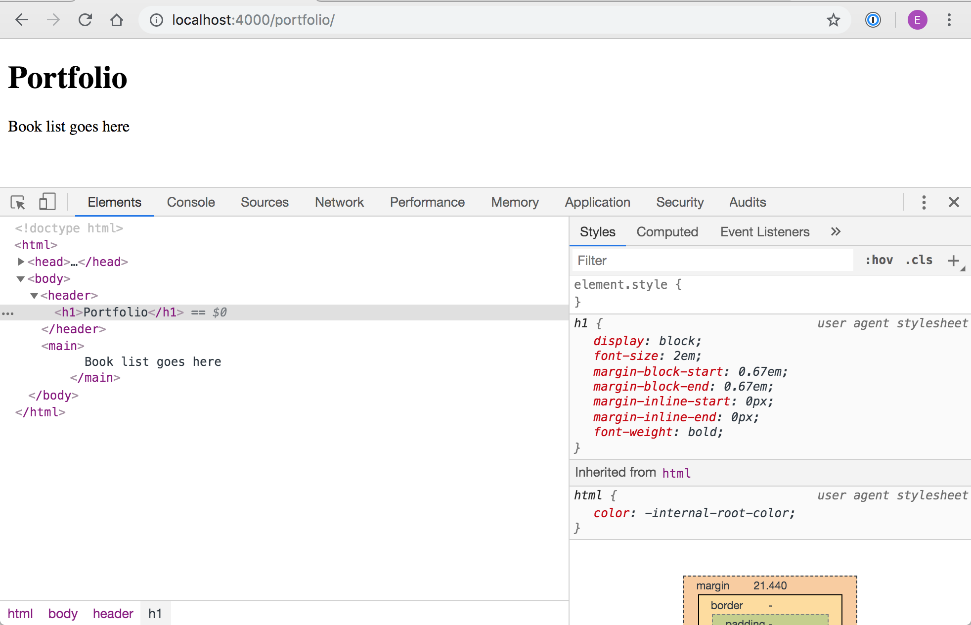 A screenshot showing the browser's inspector, showing h1 css