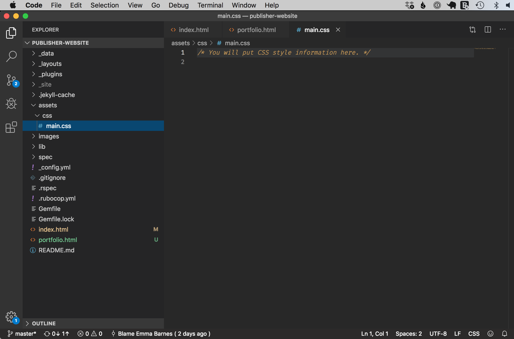Screenshot showing the empty file where the reader will put their css code